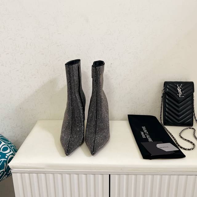 Factory Price (pp): Saint Laurent Opyum series rhinestone pointed-toe ankle boot