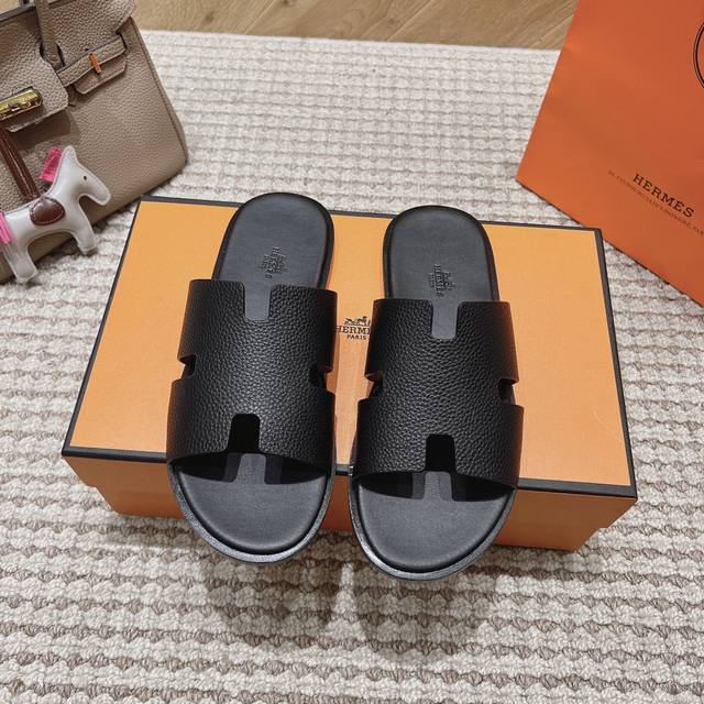 Hernes pebbled leather upper, lambskin lining, high-end H men's slippers, Italia