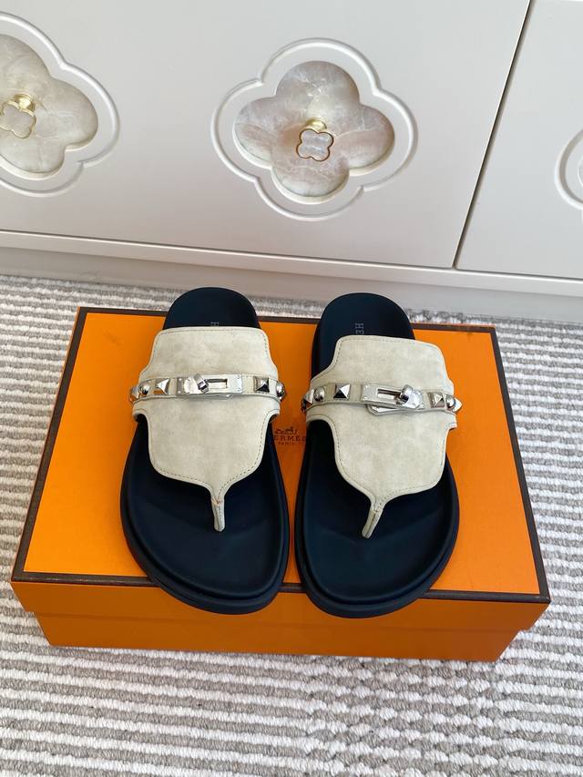Couple's Hermes Empire Series Kelly Buckle Flip-Flops, Top Quality Calfskin Sli