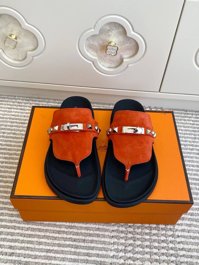 Couple's Hermes Empire Series Kelly Buckle Flip-Flops, Top Quality Calfskin Sli