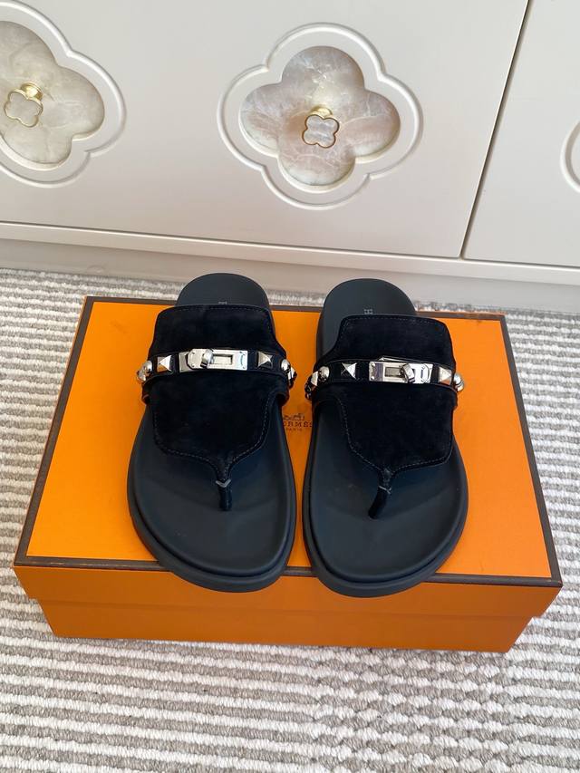Couple's Hermes Empire Series Kelly Buckle Flip-Flops, Top Quality Calfskin Sli