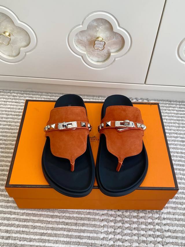 Couple's Hermes Empire Series Kelly Buckle Flip-Flops, Top Quality Calfskin Sli