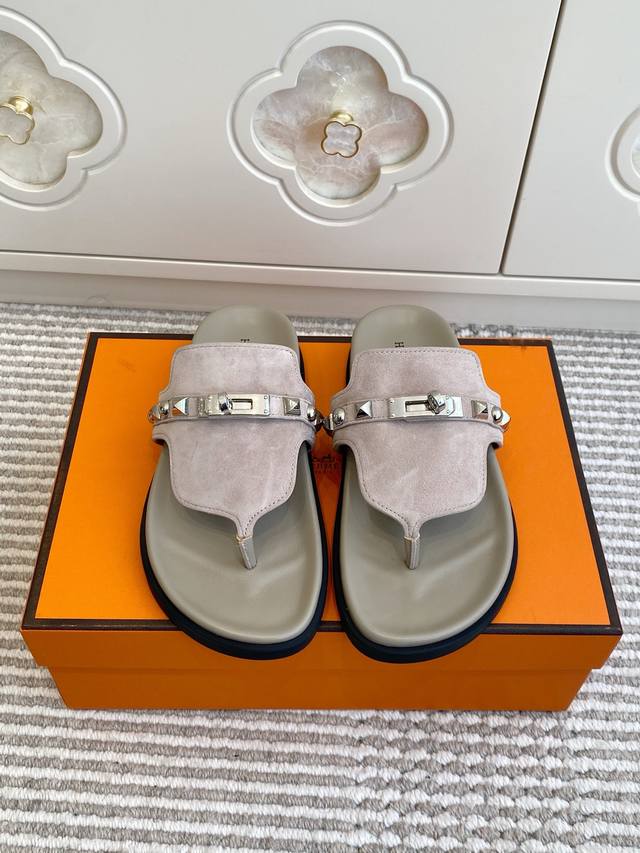 Couple's Hermes Empire Series Kelly Buckle Flip-Flops, Top Quality Calfskin Sli