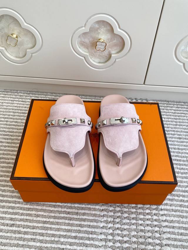 Couple's Hermes Empire Series Kelly Buckle Flip-Flops, Top Quality Calfskin Sli
