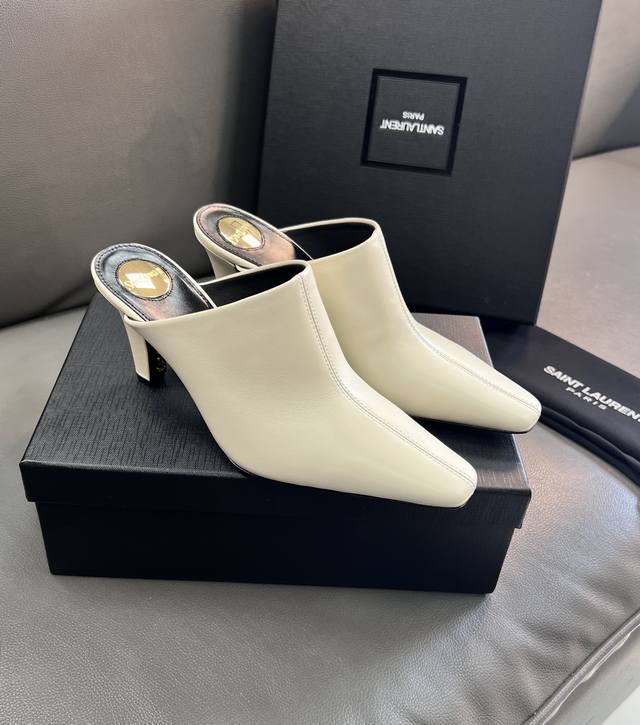 YSL Closed-Toe Slippers 25A High-Heeled Square Toe Saint Laurent New Sexy and El