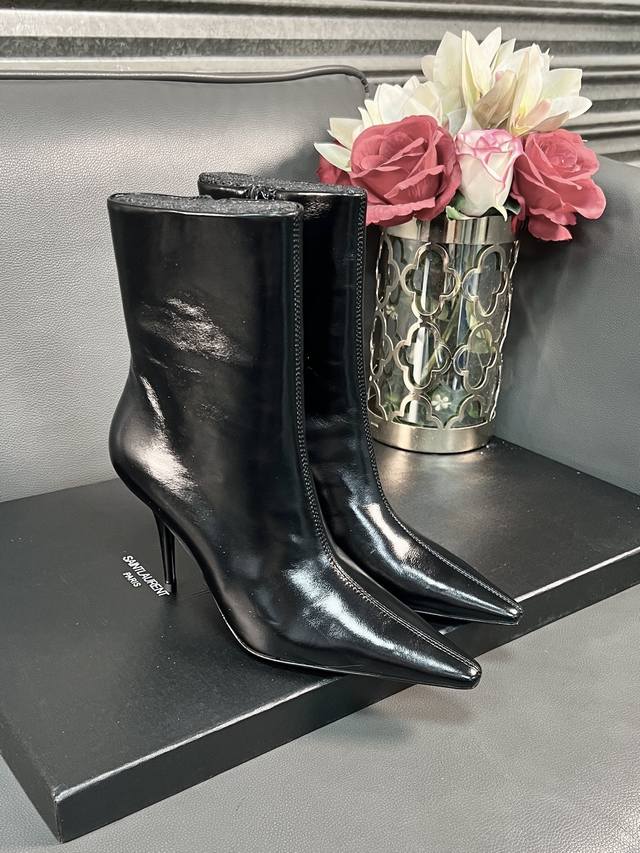 New YSL 25A Classic Wine Glass Heel Ankle Boots, Retro Modern Ankle Boots, Autum
