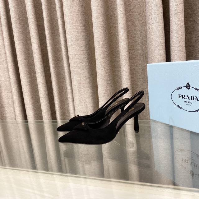 Prada Suede Lambskin Leather Back Strap High Heels These high heels are crafted