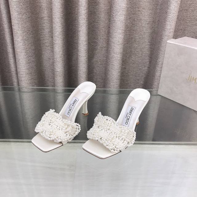 Jimmychoo Satin Pearl Mule Sandals, elegant and noble with pearl weaving and sat