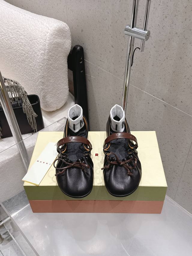 Factory direct. Marni 2026 Spring/Summer New Pleated Bow Mary Jane Ballet Flats