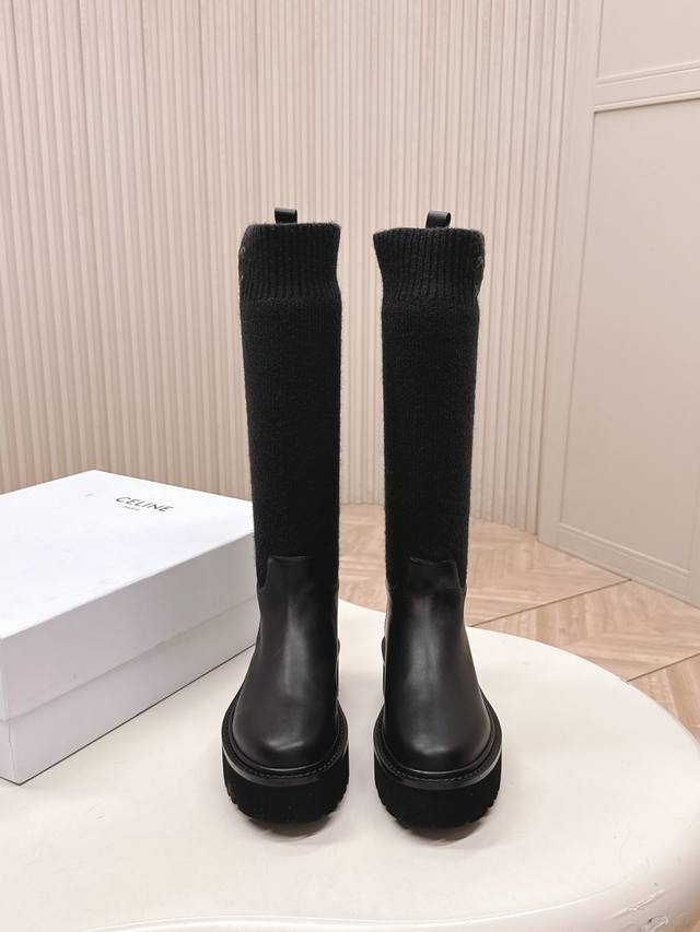 Celine New Classic Arc de Triomphe Knitted Socks Thick-Soled Leather Ankle Boots