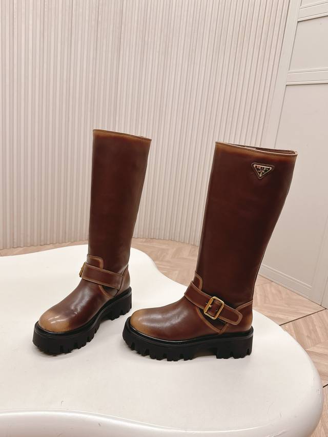 Top-tier leather Prada classic triangle logo slip-on high-top women's riding boo