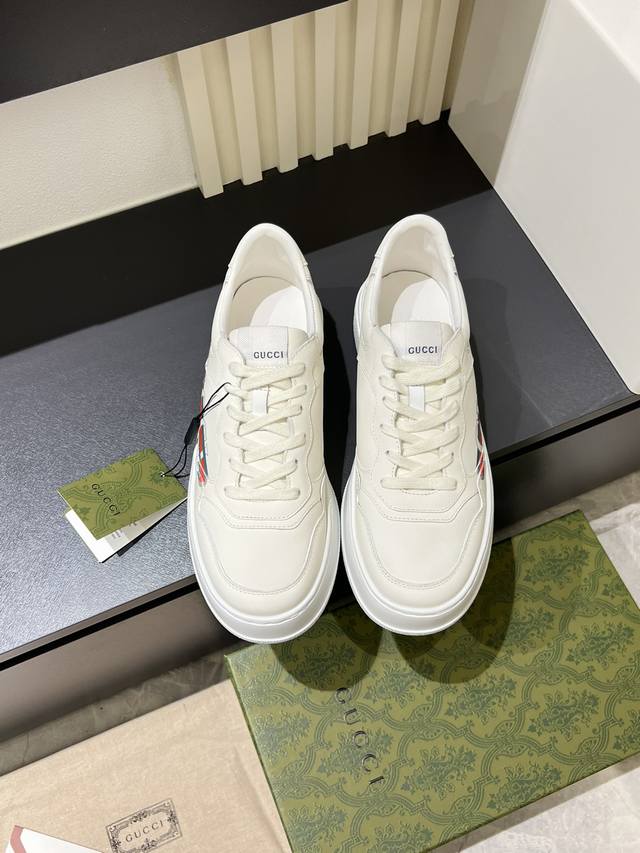 Gucc* Men's Platform Biscuit Sneakers. These sneakers feature a platform constru