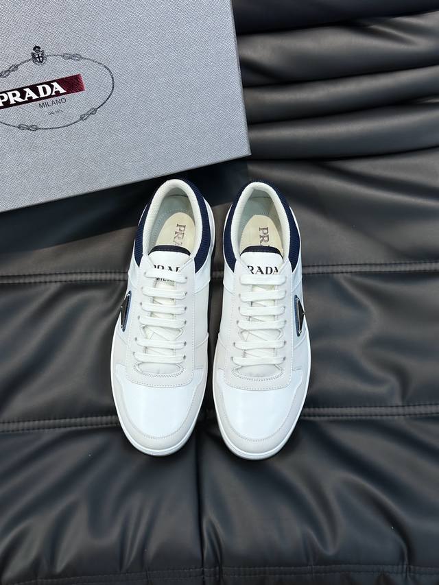 prad* New men's lace-up leather casual sneakers, made with top-grain cowhide and