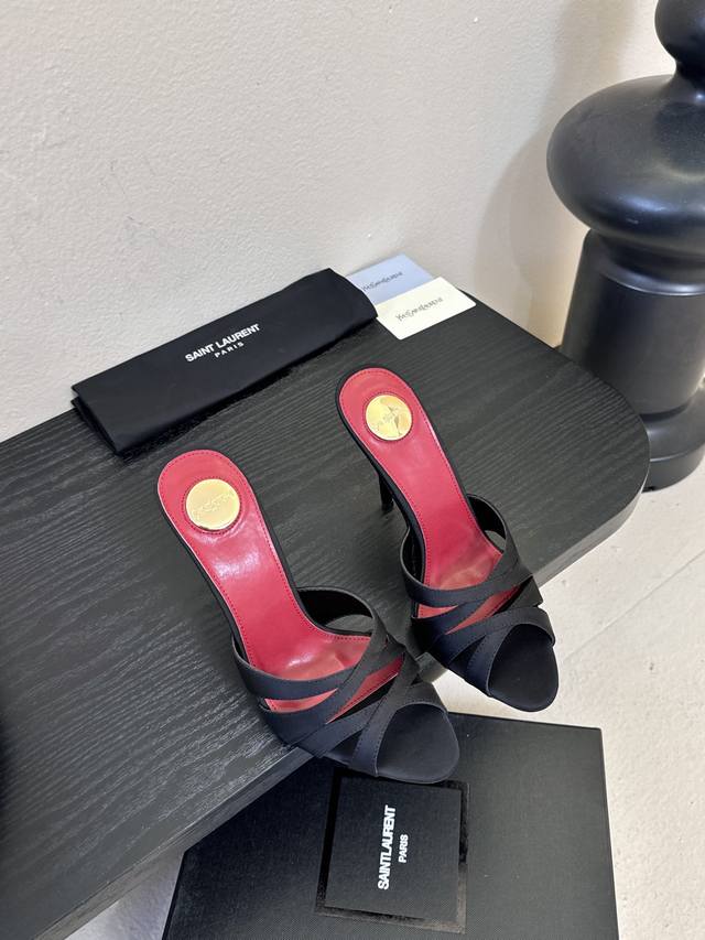 Saint Laurent* Ss New YSL Logo High-Heeled Slippers YSL runway style high heels,