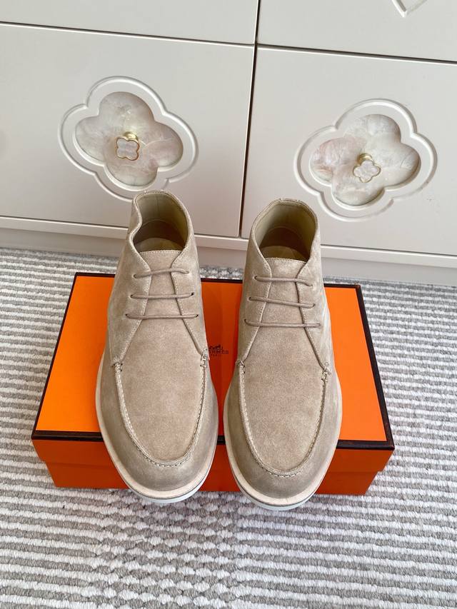 Men's Hermes Suede Lace-up Casual Ankle Boots, Top Quality, Classic "H" Logo, R