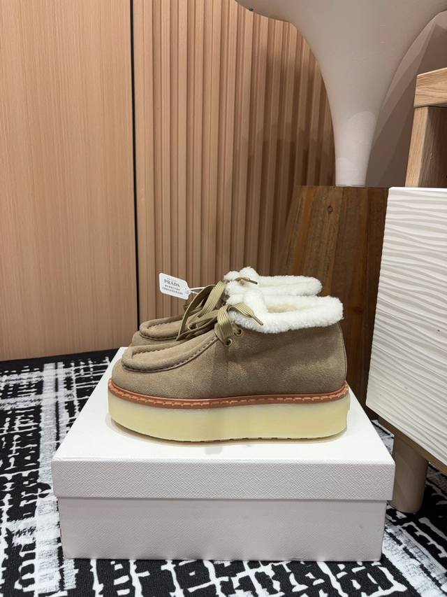 25Ss Autumn/Winter New Prada Triangle Logo Thick-Soled Ankle Boots Lace-up Snow