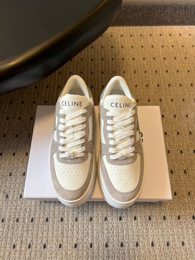 Top-tier version Celine 25Ss classic platform sneakers, white casual shoes. Feat
