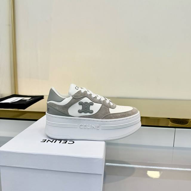 Celine Block Triomphe Leather Wedge Sneakers, Thick Sole, Wool Lined, White Snea