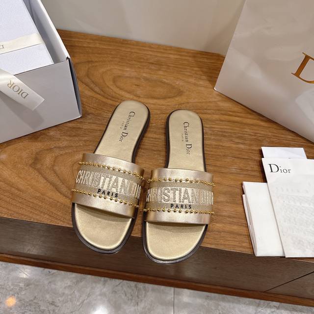 Factory price flat Dior 2026 Spring/Summer new beaded leather logo 3D embroidere