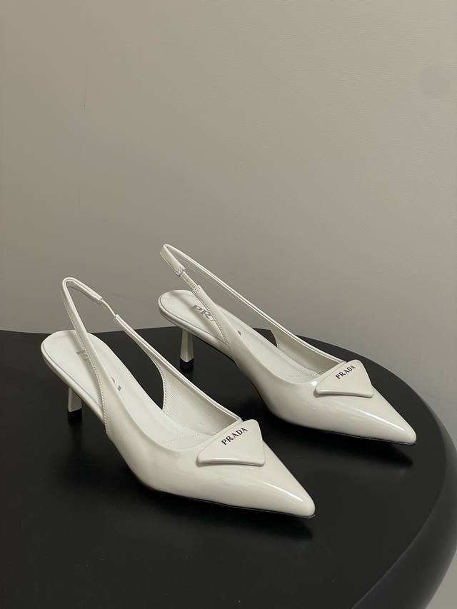 Prada classic triangle buckle pointed toe stiletto heel backless sandals kitten