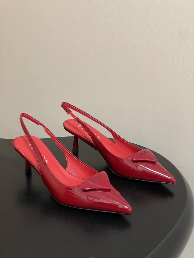 Prada classic triangle buckle pointed toe stiletto heel backless sandals kitten