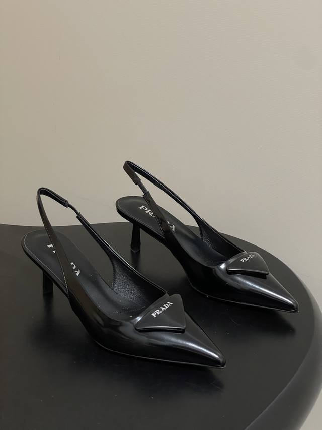 Prada classic triangle buckle pointed toe stiletto heel backless sandals kitten