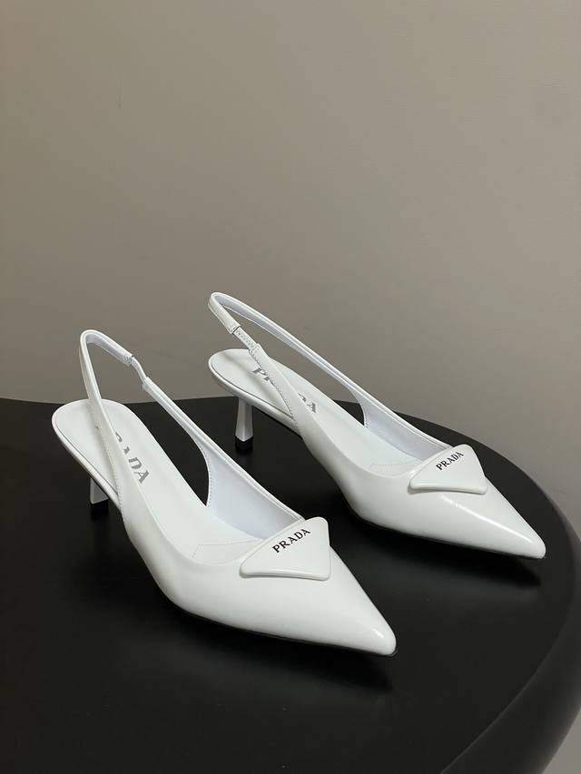 Prada classic triangle buckle pointed toe stiletto heel backless sandals kitten