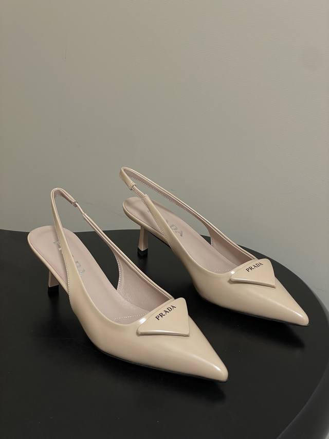 Prada classic triangle buckle pointed toe stiletto heel backless sandals kitten