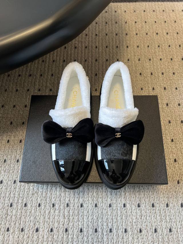 Chane* Bow-Tie Plush Loafers Casual Shoes The upper combines patent leather and