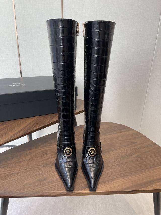 Versace Stiletto Heeled Boots! These knee-high boots are made of Versace Allover