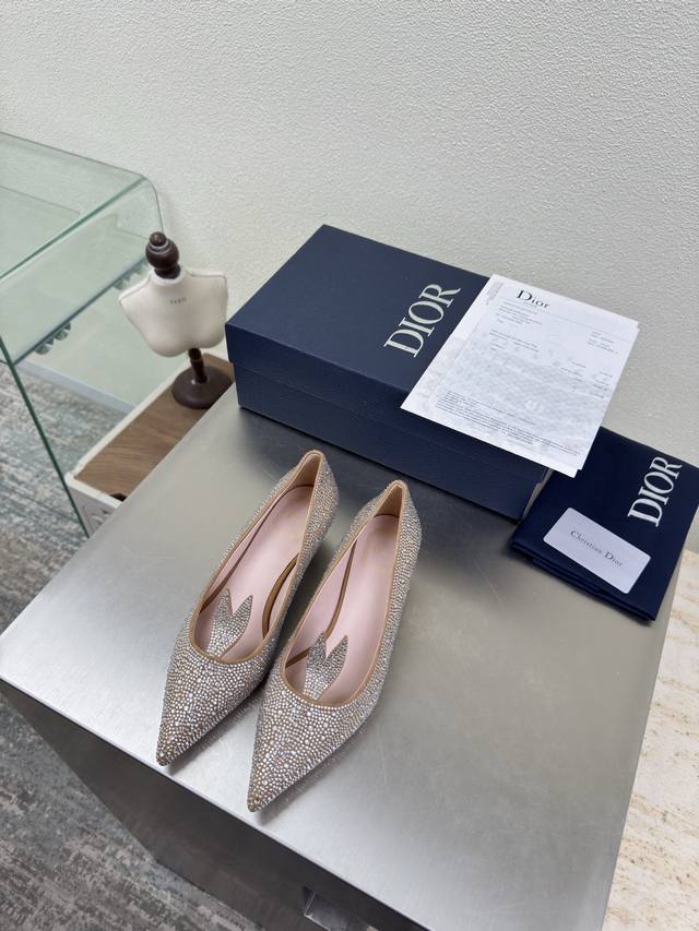 Dior Miss Bunny Rhinestone Single Shoes Heel height 4cm Apricot rhinestone mater