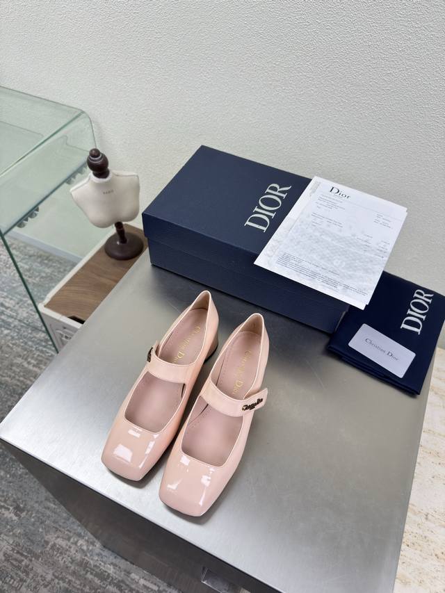 Dior Square Toe Mary Jane Shoes Heel height 4cm Pink calf patent leather brand