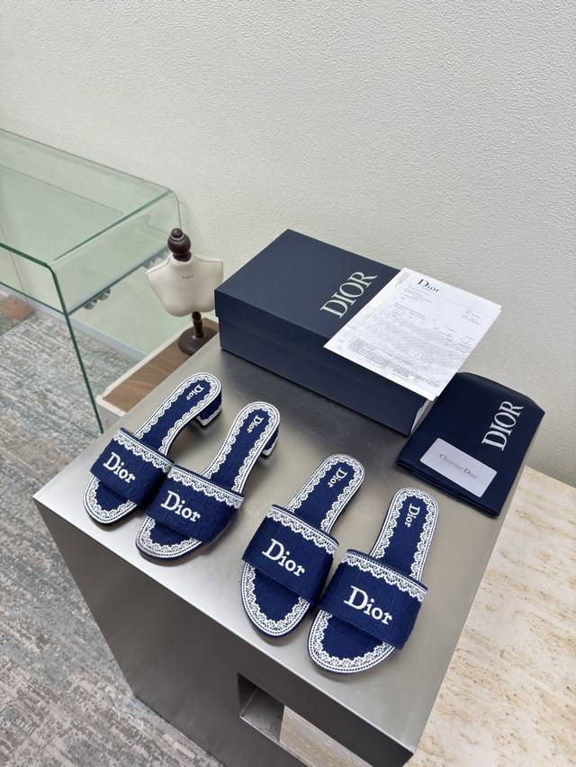 Embroidered Logo Slippers Flat 2cm Mid-heel 5.5cm Blue Computer-manufactured Em