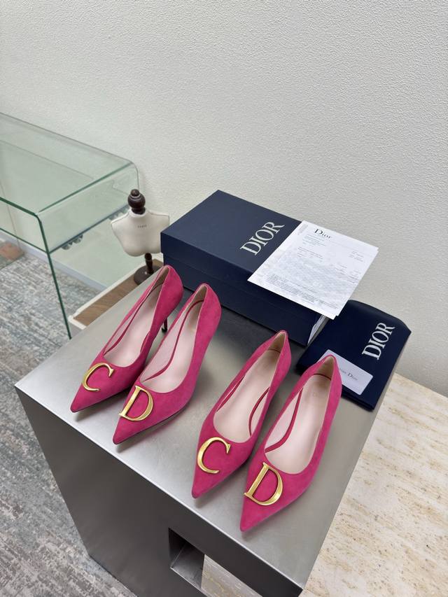 C&D Metal Logo Single Shoes High Heel 9 cm Mid Heel 5.5 cm Rose Red Suede Brand