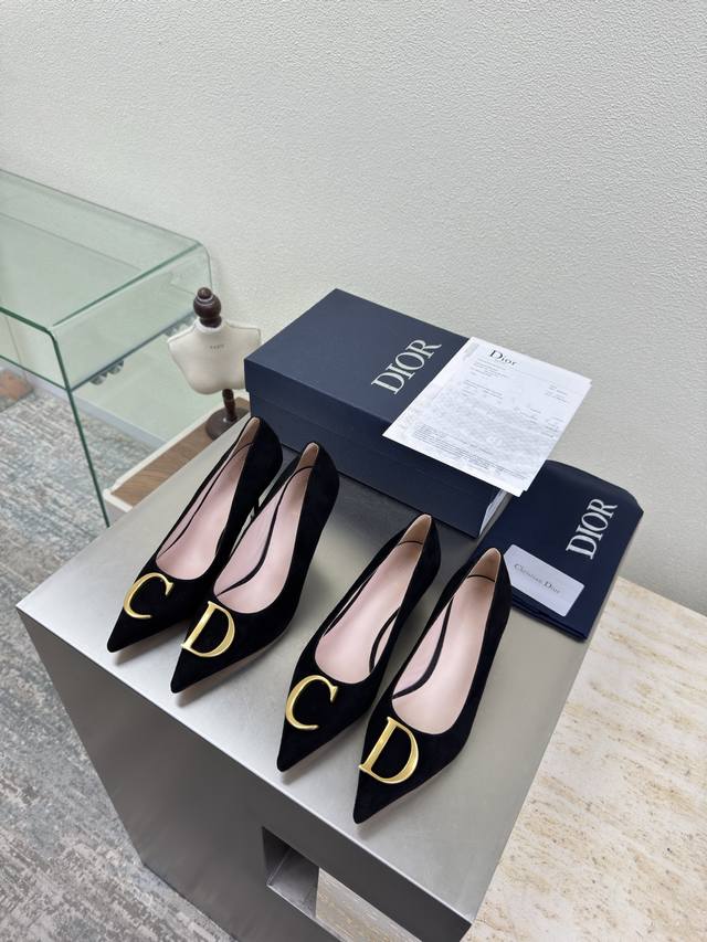 C&D Metal Logo Single Shoes High Heel 9 cm Mid Heel 5.5 cm Black Suede Brand Log