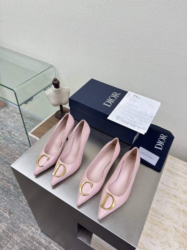 C&D Metal Logo Single Shoes High Heel 9 cm Mid Heel 5.5 cm Pink Lambskin Brand L