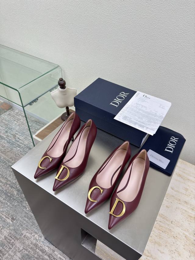 C&D Metal Logo Single Shoes High Heel 9 cm Mid Heel 5.5 cm Burgundy Lambskin Bra