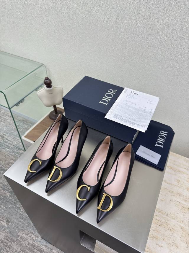 C&D Metal Logo Single Shoes High Heel 9 cm Mid Heel 5.5 cm Black Lambskin Brand