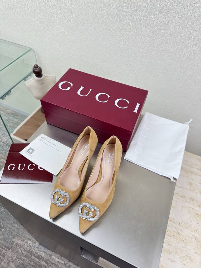 Classic Gucci Double G Logo Single Shoes with Rhinestone Buckle. Features a sty