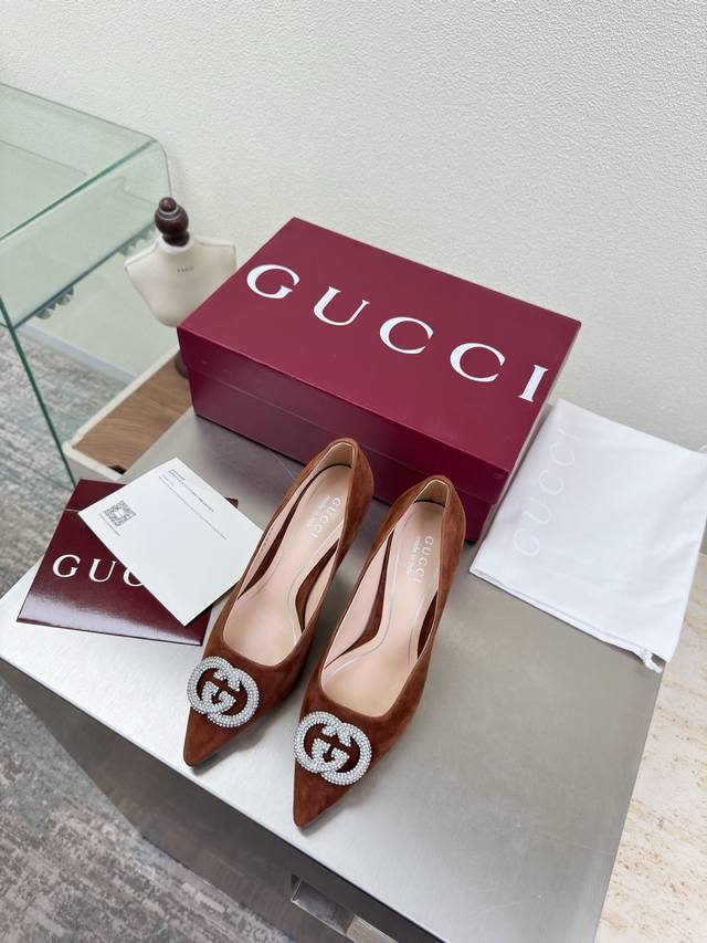 Classic Gucci Double G Logo Single Shoes with Rhinestone Buckle. Features a sty
