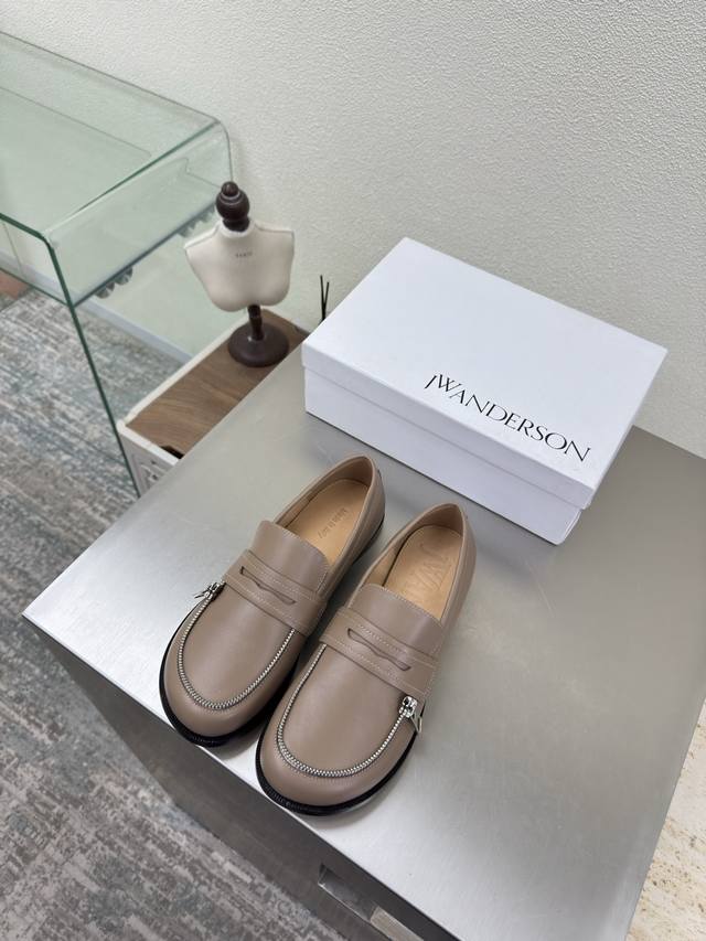 Zippered Loafers, JW Designer Brand Women's Shoes, Khaki Leather, High-End Desi